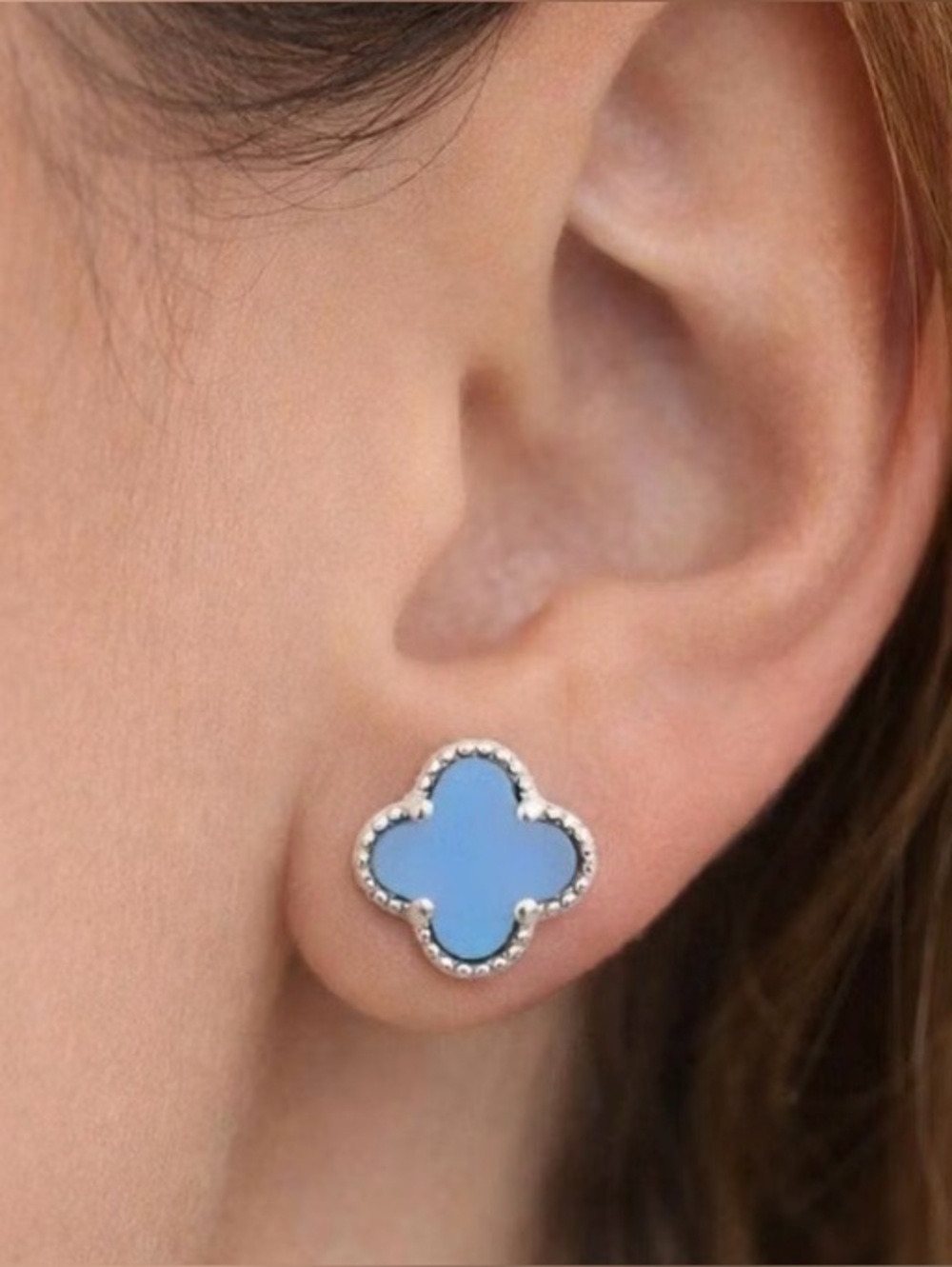 NWT 6MM 925 Sterling Silver & Turquoise Blue Clover Stud Earrings